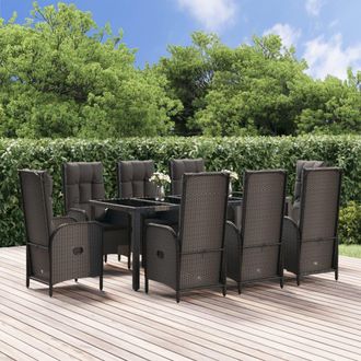 vidaXL Set Comedor Jard&iacute;n 9 Pzas Y Cojines Rat&aacute;n Sint&eacute;tico Negro Gris Vidaxl