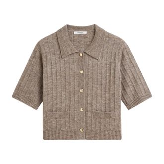 Summum Kort Gebreide Polo Cardigan - Dames - Truien - Bruin - Maat: M Wol