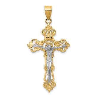 Diamond2Deal 14k Two-tone Gold INRI Fleur De Lis Crucifix Pendant