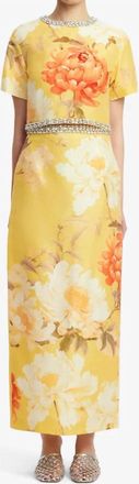 LEO LIN Kyra Embellished Midi Skirt In Peony Print In Yellow