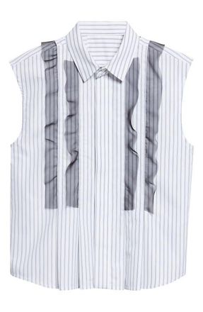 sacai Stripe Poplin & Chiffon Button-Up Shirt in Off White Stripe at Nordstrom, Size 2