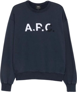 A.P.C. A.p.c., Hoodies & sweatvesten, Heren, Blauw, M, Logo Print Crew Neck Sweatshirt