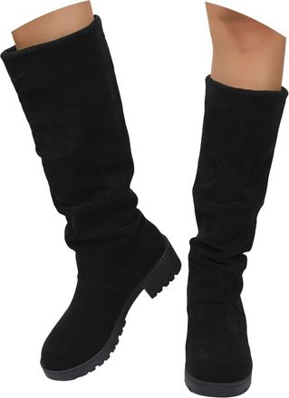 Generic Women Suede Knee High Boots 2025 Winter Fashion Solid Color Slouch Ruched Wide Calf Round Toe Comfort Non Slip Long Booties Casual Comfortable Chunky 