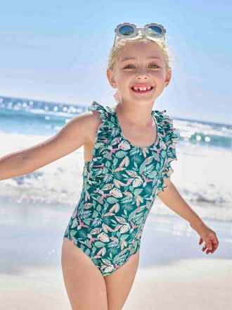 Vertbaudet M&auml;dchen Badeanzug mit Tropenprint Oeko-Tex tannengr&uuml;n