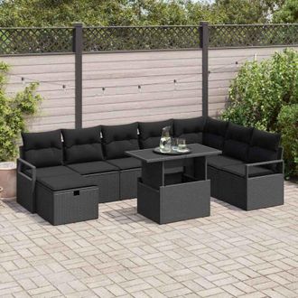 vidaXL Conjunto De Sof&aacute; De Jard&iacute;n Con Coj&iacute;n 9 Pcs Negro Polirat&aacute;n Vidaxl