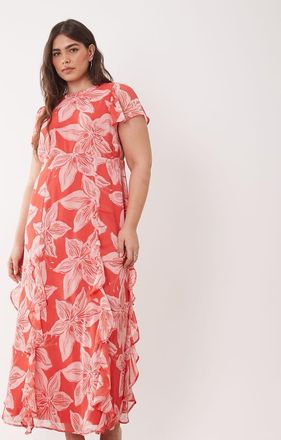 New Look Plus New Look Curve - Vestito midi in chiffon rosa con stampa a fiori e godet