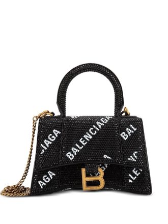 Balenciaga Hourglass Top Handle Bag Suede and Allover Logo Crystals XS satchel - Nero