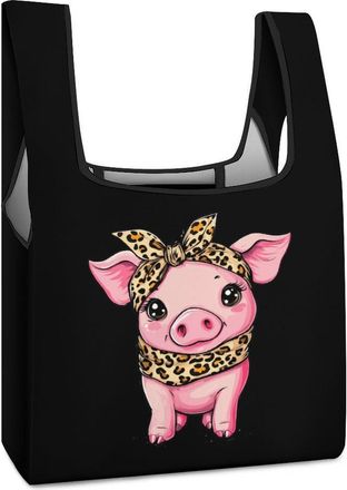 Generic Cute Pigs Piggy Wearing Leopard Bandanna Shopping Bag Reusable Grocery Tote Bag Foldable Handbag for Travel Picnic