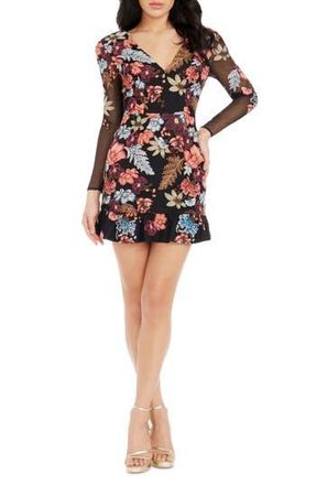 Dress The Population Kelsey Embroidered Long Sleeve Cocktail Minidress in Canyon Clay Multi Black at Nordstrom Rack, Size X-Small