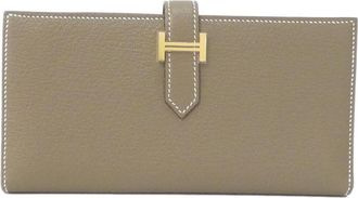 Herm&egrave;s Beige Etoupe Gray Chevre Leather Long Wallet (Bi-Fold) (Pre-Owned)