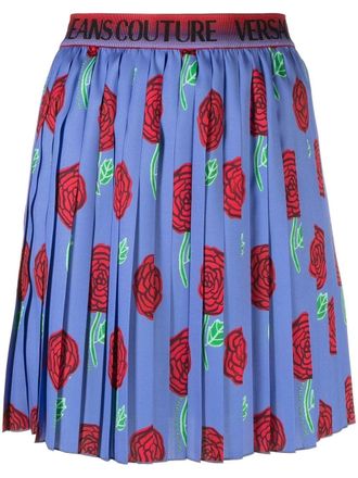 Versace Jeans Couture logo-waistband pleated miniskirt - women - Polyester - 42 - Blue