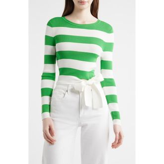 Milly Gia Stripe Tie Side Crop Cotton Blend Top in Green/White at Nordstrom, Size X-Small