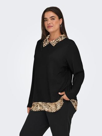 Only Carmakoma Blusenshirt ONLY CARMAKOMA CARALBA LS MIX TOP JRS, Damen, Gr. L, schwarz detail:woven leo, Jersey, Obermaterial: 95% Polyester, 5% Elasthan, unifarben