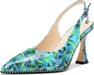 Castamere Womens Slingback Kitten Heel Close Pointed Toe Pumps Court Shoe Chunky Wedding Party Dress Shoes 9 CM Heels Green Vortex 6.5 UK