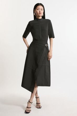 Karen Millen Womens Figure Form Bandage Asymmetric Knit Midi Dress - Black - Size X-Small