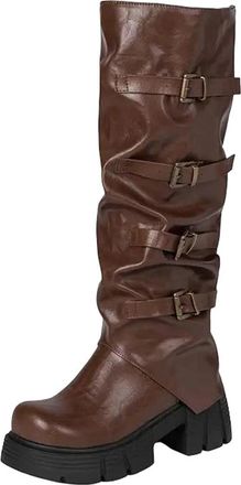 Generic Womens Gothic Knee High Boots Round Toe High Chunky Heel Platform With Slip On Design And Multiple Buckle Straps