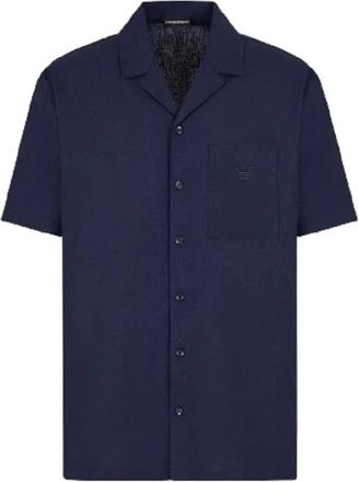 Emporio Armani Kortmouw Linnenmix Shirt - Heren - Korte mouwen Overhemden - Blauw - L - Linnen - Overhemden