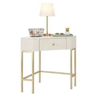 Dmora Consola Viscardo, Mesa Multiusos, Gabinete De Soporte, Escritorio De Pasillo, 85x60 H77 Cm, Blanco Y Oro - Dmora