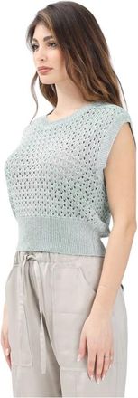 Akep Groene luchtige gebreide top met geribbelde zoom - Dames - Tops zonder mouwen - Groen - M - Polyester - Tops