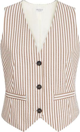 Brunello Cucinelli Techno-cotton Striped Seersucker Vest With Monili
