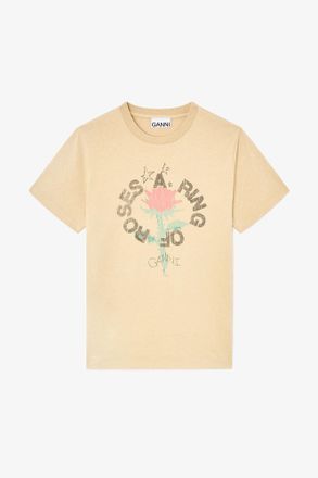 Ganni Brown T-shirt with Rose - Size XS Recycled Cotton