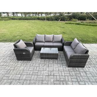 Fimous Patio Garden Furniture Sets Wicker 6 Seater Outdoor Rattan Furniture Sofa Sets with Rectangular Coffee Table Reclining Chair Loveseat Sofa 3 Seater
