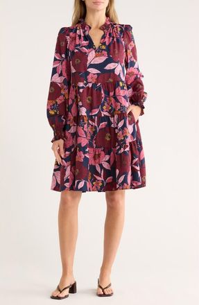 Caslon Long Sleeve Tiered Crepe Dress in Navy- Burgundy Garden Floral at Nordstrom Rack, Size Xx-Small
