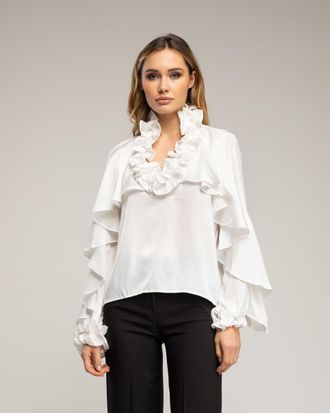 Tantra Blouse met print, ajoursteek op de borst, een kraag met ruches en batist-details