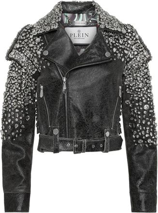 Philipp Plein Jassen, Dames, Zwart, S, Leer, Leren Cropped Biker Jacket LS Strass