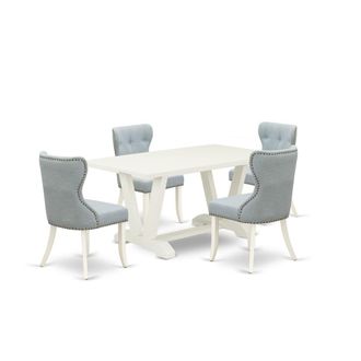 East West Furniture 5-Piece Dining Room Table Set- 4 Parson Chairs with Baby Blue Linen Fabric Seat and Button Tufted Chair Back