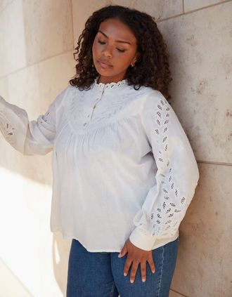 Live Unlimited London Womens Ivory Cotton Cut Work Detail Blouse - White - Size: 20