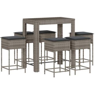 vidaXL Juego De Bar De Jard&iacute;n De 7 Piezas Con Cojines Rat&aacute;n Pe Gris Vidaxl