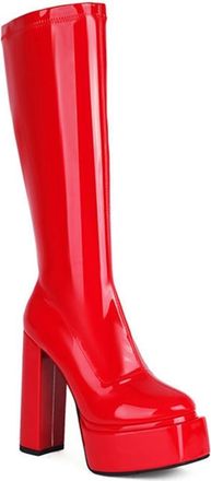 Generic Womens Fashion Slim Stretch Knee High Boots Platform Square Toe Block Heel Pumps Winter Dress Shoes with Zipper (5.5,Red)