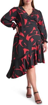 DKNY Long Sleeve Surplice Neck Dress in Black/Scarlet at Nordstrom Rack, Size 20W
