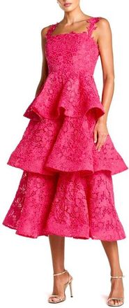 Mac Duggal Sleeveless Embroidered Lace Ruffle Midi Dress in Hot Pink at Nordstrom, Size 14
