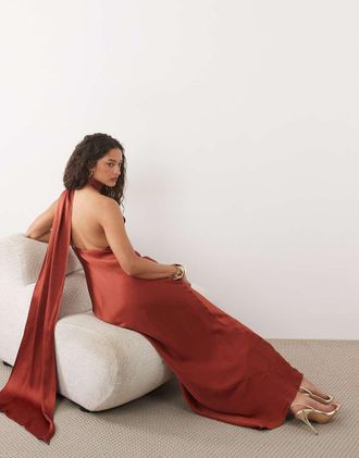 Mango Capsule - Vestito lungo monospalla color ruggine con dettaglio foulard-Arancione
