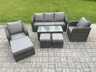 Fimous 8 Seater Rattan Garden Furniture Set with Rectangular Coffee Table 3 Footstools Patio Outdoor Rattan Set in Dark Grey