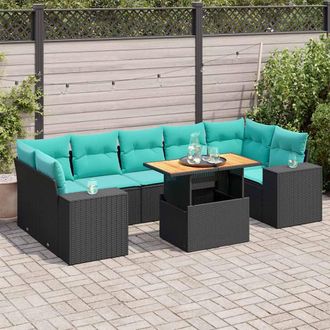 vidaXL Vidaxl Set De Sof&aacute;s De Jard&iacute;n Y Cojines 8 Piezas Rat&aacute;n Sint&eacute;tico Negro