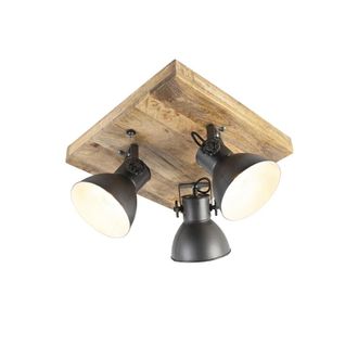 QAZQA Industrial Foco Industrial Gris Oscuro Con Madera De Mango 3 Luces - Mangoes Acero / Redonda /cuadrada Adecuado Para Led Max. 3 X 25 Watt - Qazqa