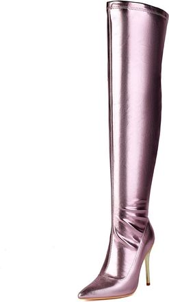 Generic Womens Sexy High Heel Over The Knee Boots Pointed Toe Thigh High Boot with Zipper PU Leather Party Prom Shoes,Purple,8.5 UK