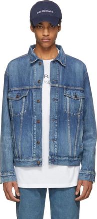Balenciaga Jassen, Heren, Blauw, L, Denim, Oversized denim jack met geborduurd logo
