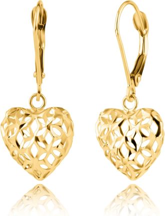 MAX + STONE Solid 14K Yellow Gold Filigree Heart Drop Earrings with Leverback Closure