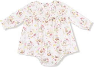Angel Dear Floral Owl Families Smocked Skirted Bodysuit in Ivory at Nordstrom, Size 12-18M