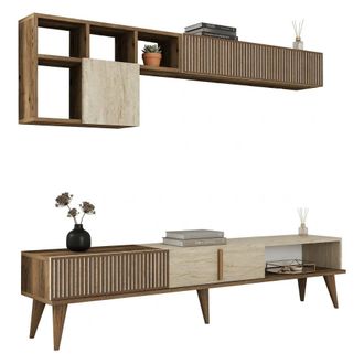 Dmora Pared Multifuncional Cavoti, Mueble De Sala Modulable, 11 Estantes, 10 Compartimentos, Nogal Oscuro
