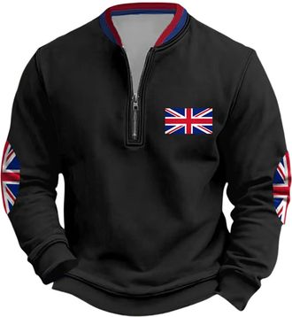 Generic Mens Union Jack Sweatshirt 1/4 Zip Long Sleeve Jumpers Bunting Flags Print Great Britain Pullover Winter Warm Tops Plus Size (B17-Black, XXL)