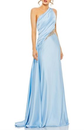 Mac Duggal Womens One Shoulder Charmeuse Gown With Beaded Cutout in Powder Blue at Nordstrom, Size 12