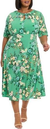 London Times Floral Keyhole Short Sleeve Midi Dress in Green Multi at Nordstrom Rack, Size 18W