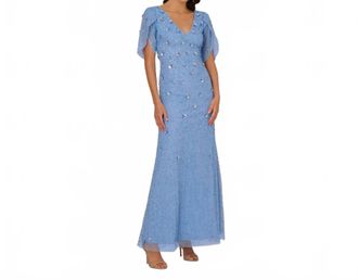 Adrianna Papell 3D Floral V-Neck Mesh Mermaid Gown In Bluebell
