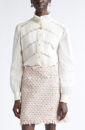 Valentino Garavani Lace Inset Silk Organza Shirt in Sand at Nordstrom, Size 6 Us