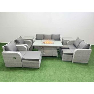 Fimous Pe Rattan Garden Furniture Set Reclining Chair Sofa Double Love Seat 2 Seater Sofa Lounge Set Firepit Dining Table 3 Stools 2 Side Table Light Grey